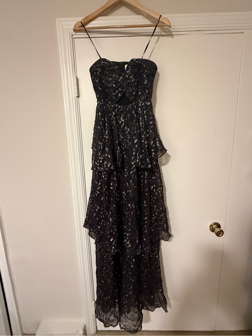 Black Metallic Speckle Tiered Spaghetti-Strap Maxi Dress